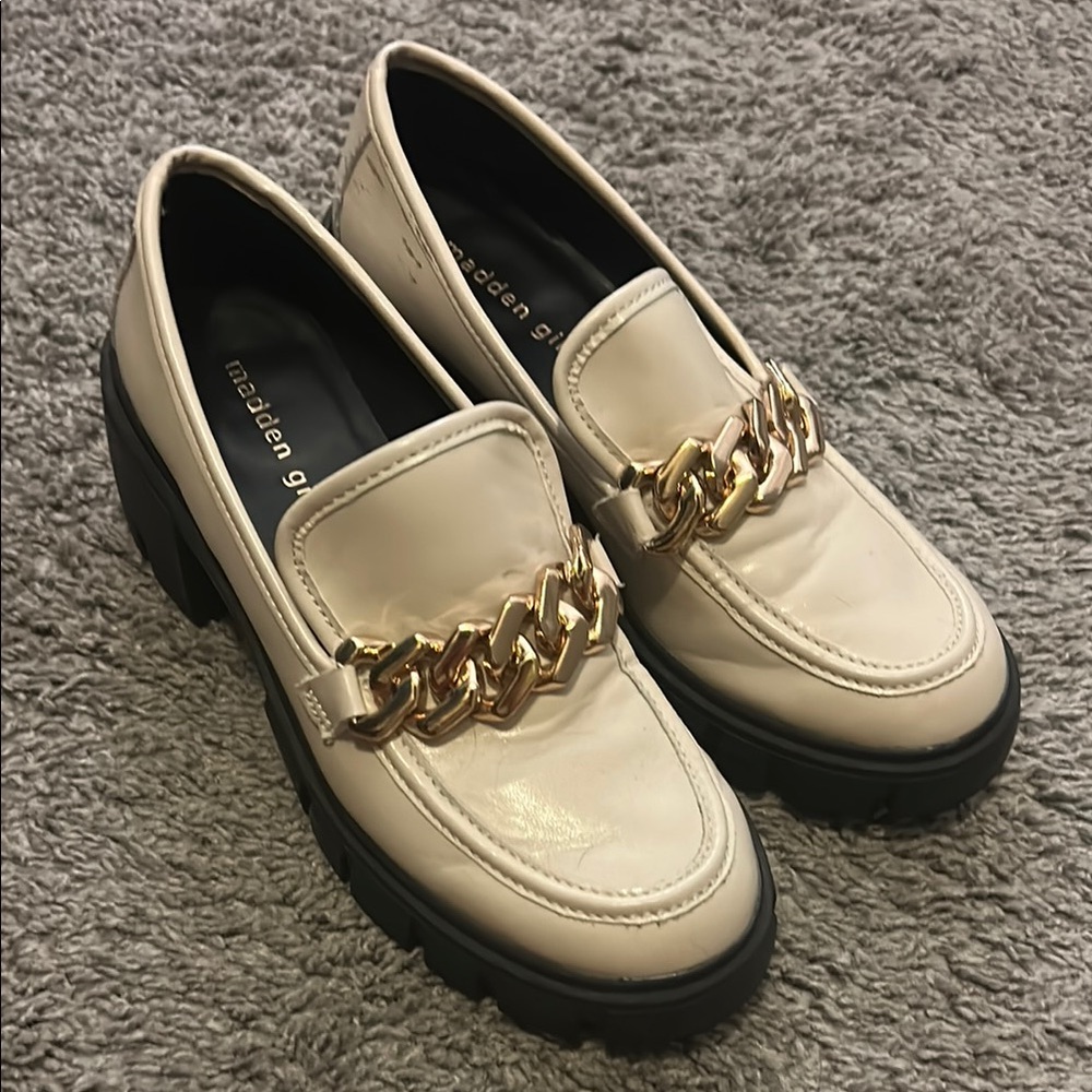 Madden Girl Cream Loafers with Gold Chain
